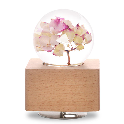 Red Hydrangea Crystal Ball Wooden Music Box with LED Mood Light lightue